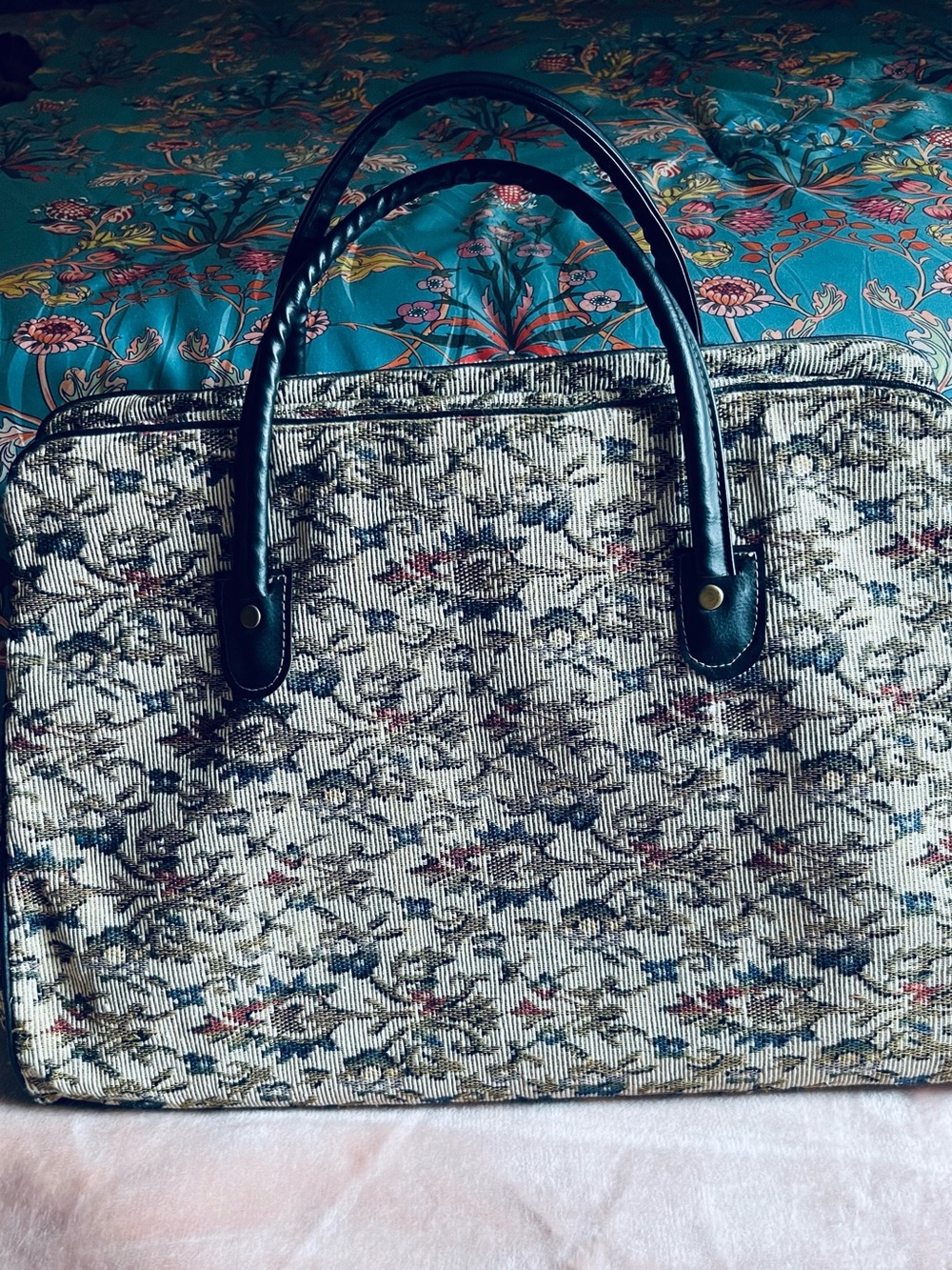 Floral Tapestry Tote with Blue Handles